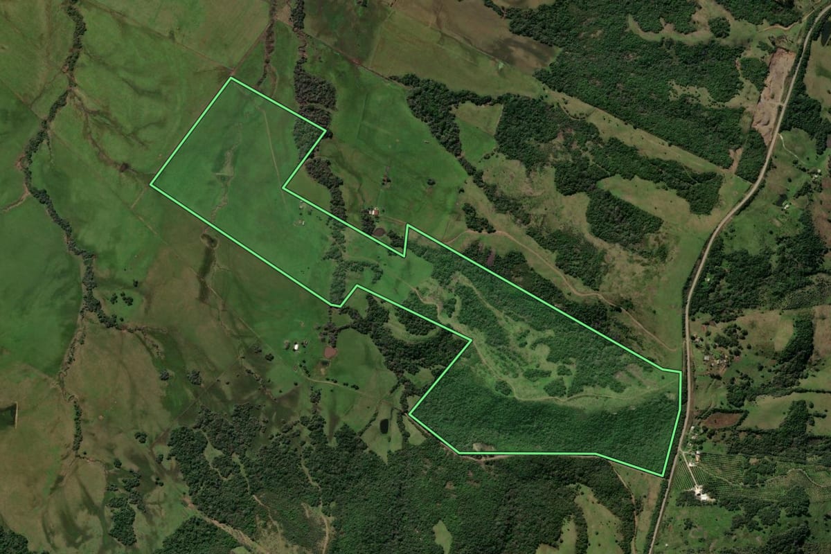 Imagem de satélite do imóvel rural em Caçapava do Sul (RS), com o contorno declarado no CAR desenhado por cima.