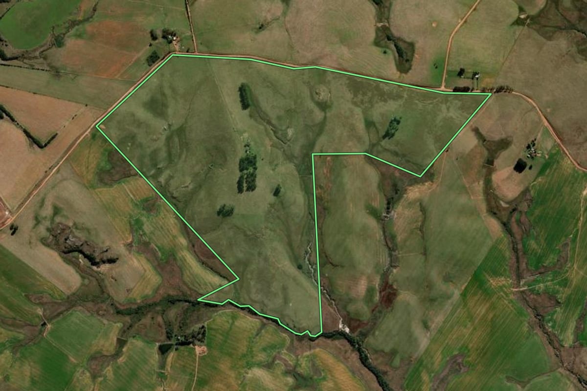 Imagem de satélite do imóvel rural em Cacequi (RS), com o contorno declarado no CAR desenhado por cima.