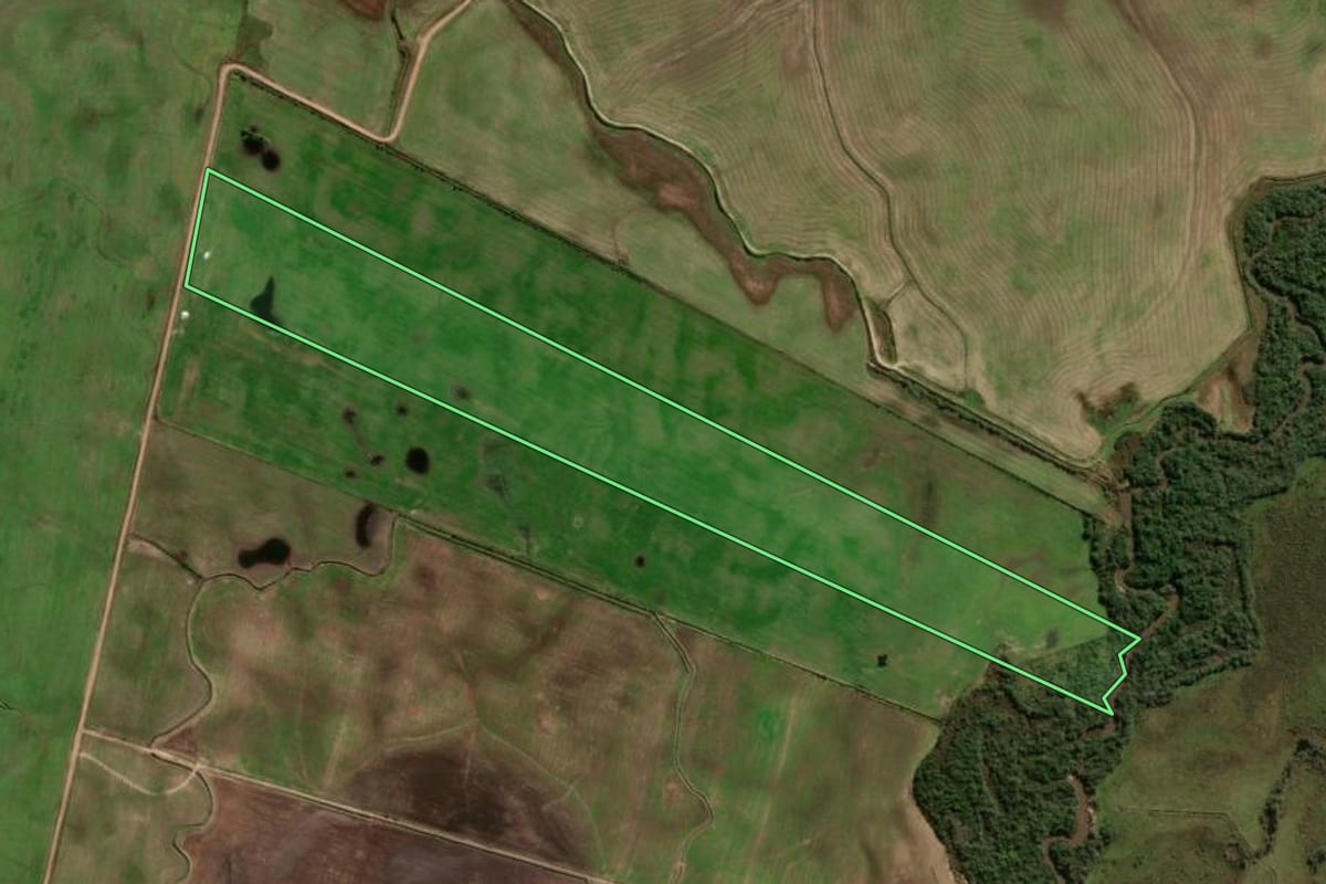 Imagem de satélite do imóvel rural em Cacequi (RS), com o contorno declarado no CAR desenhado por cima.