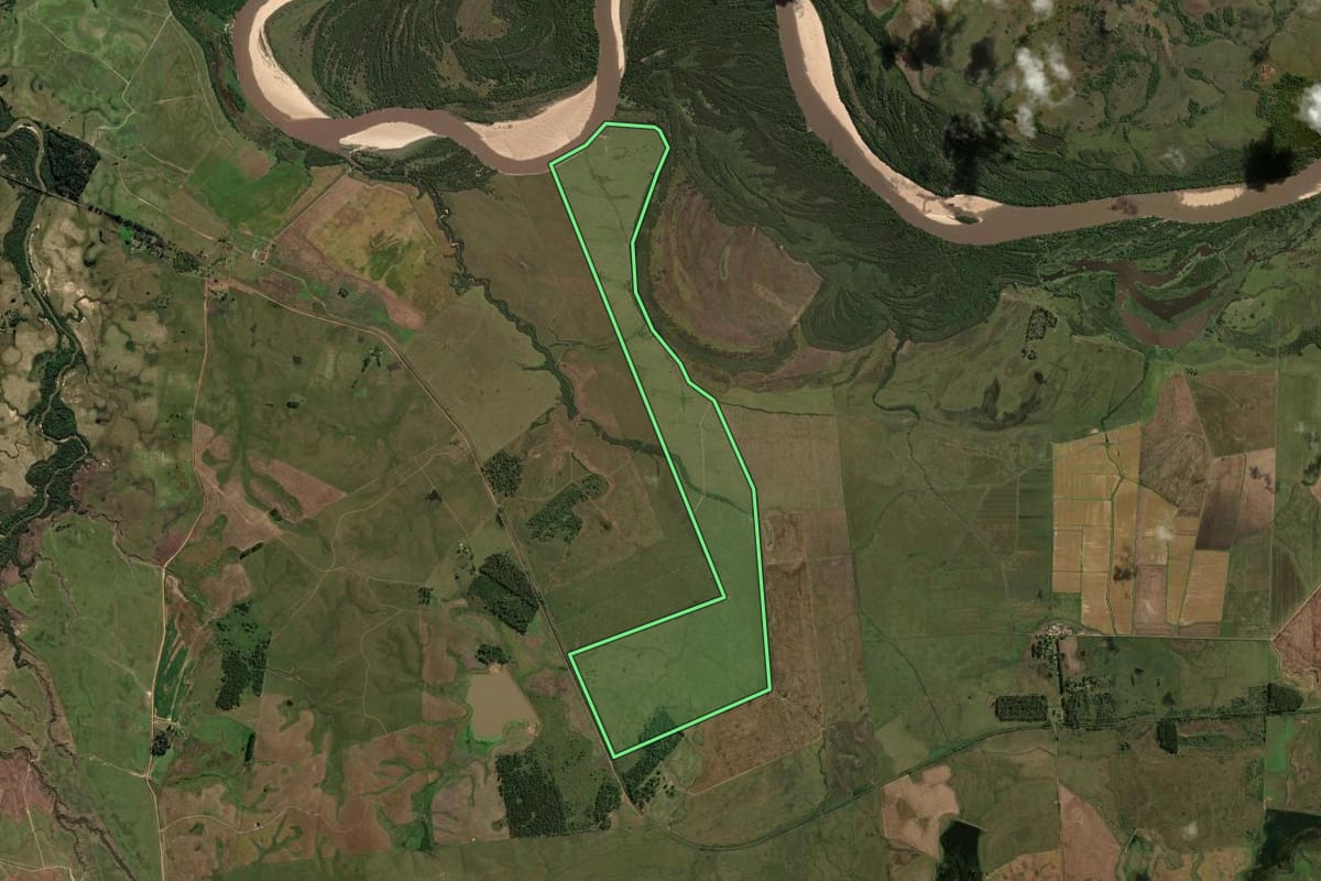 Imagem de satélite do imóvel rural em Cacequi (RS), com o contorno declarado no CAR desenhado por cima.