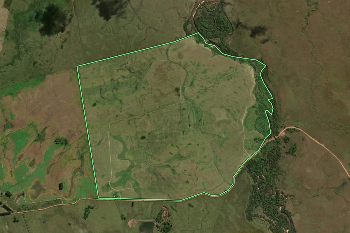 Imagem de satélite do imóvel rural em Cacequi (RS), com o contorno declarado no CAR desenhado por cima.