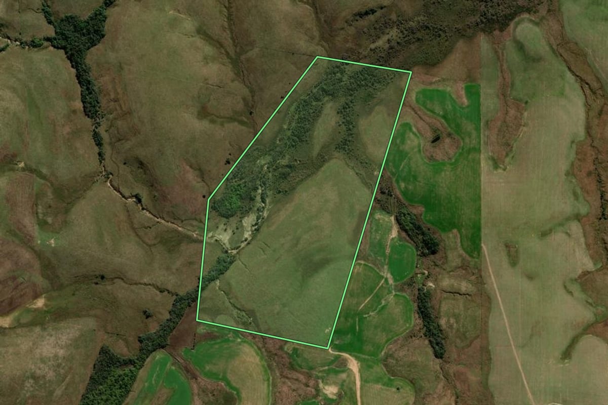 Imagem de satélite do imóvel rural em Cacequi (RS), com o contorno declarado no CAR desenhado por cima.
