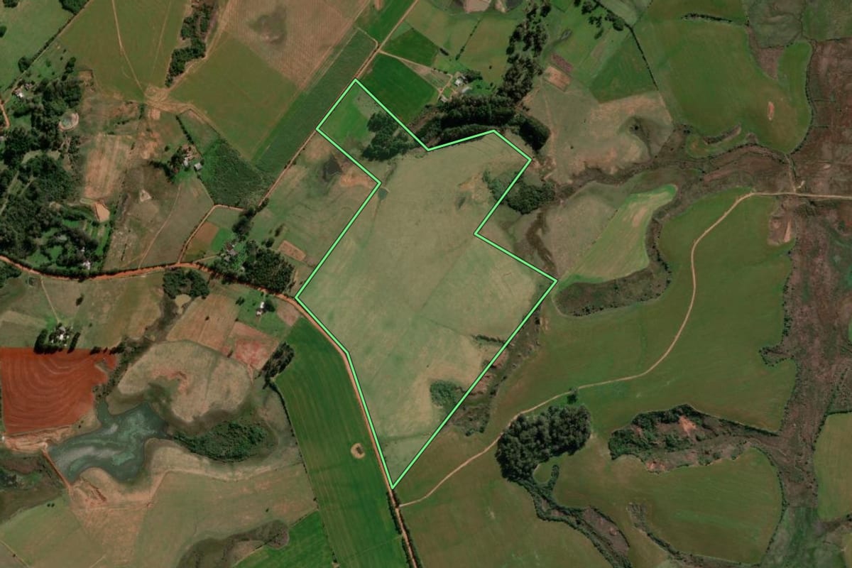 Imagem de satélite do imóvel rural em Cacequi (RS), com o contorno declarado no CAR desenhado por cima.