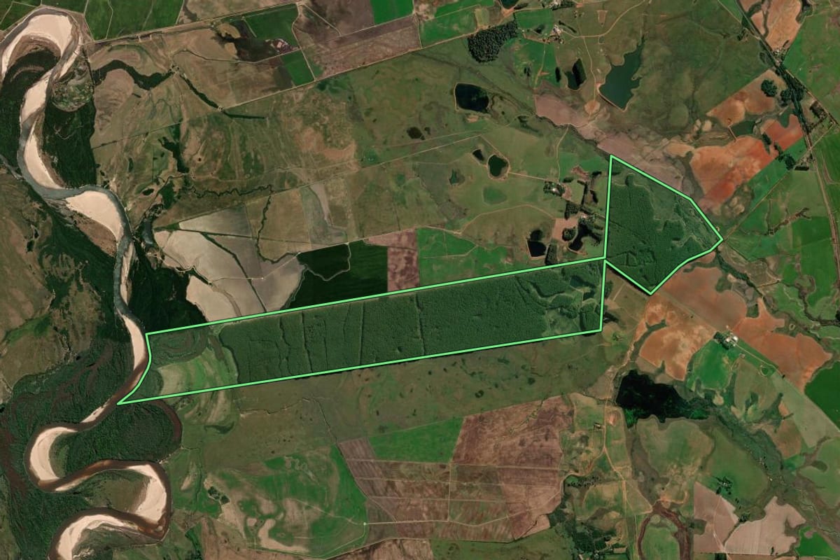 Imagem de satélite do imóvel rural em Cacequi (RS), com o contorno declarado no CAR desenhado por cima.