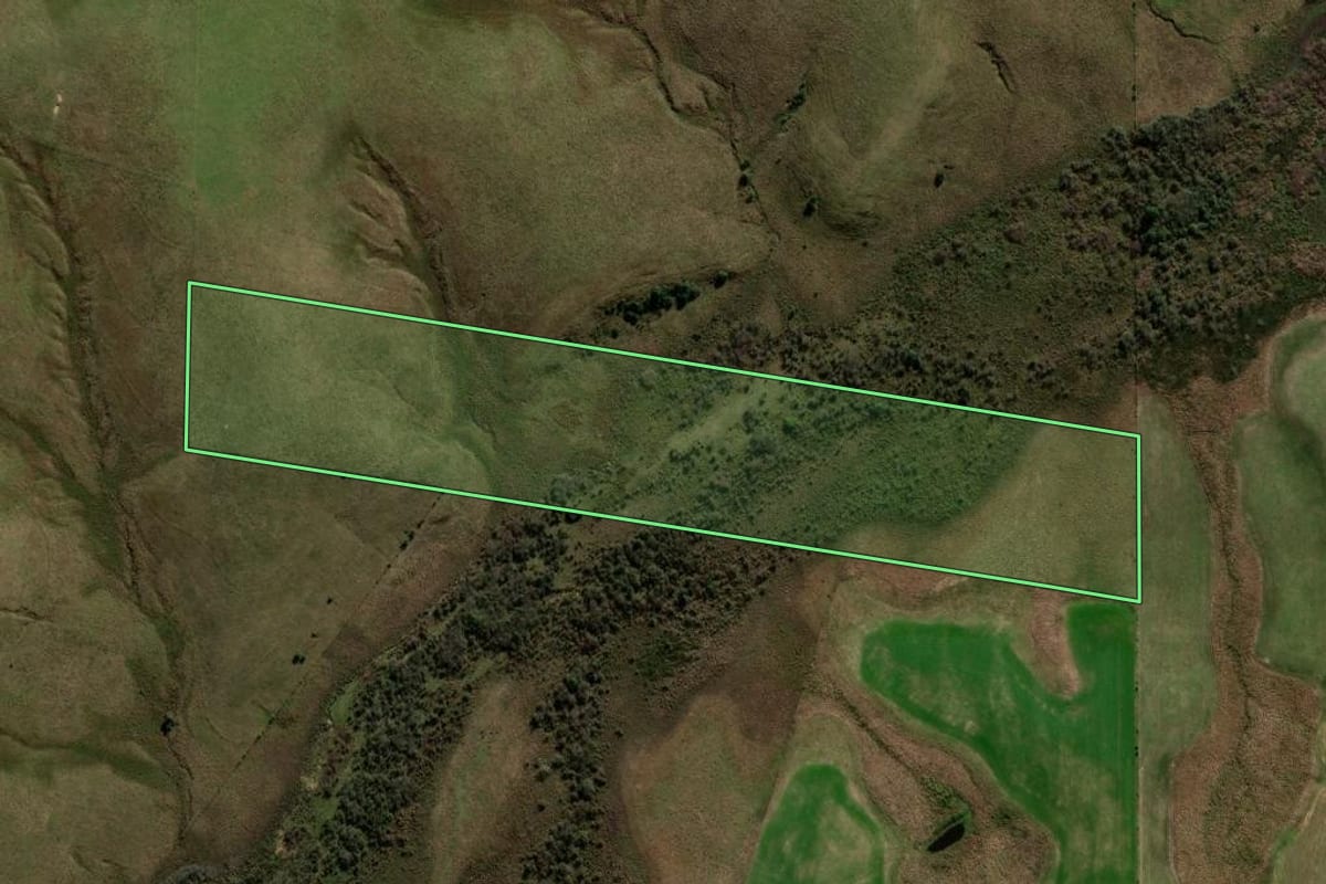Imagem de satélite do imóvel rural em Cacequi (RS), com o contorno declarado no CAR desenhado por cima.