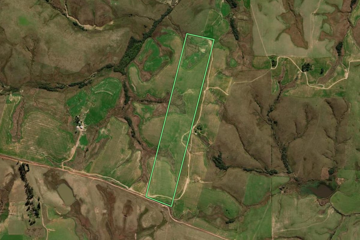 Imagem de satélite do imóvel rural em Cacequi (RS), com o contorno declarado no CAR desenhado por cima.