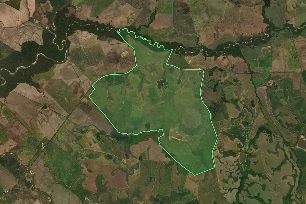 Imagem de satélite do imóvel rural em Cacequi (RS), com o contorno declarado no CAR desenhado por cima.