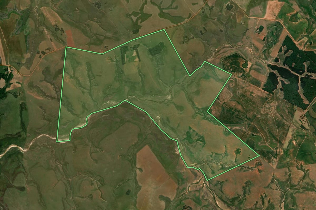 Imagem de satélite do imóvel rural em Cacequi (RS), com o contorno declarado no CAR desenhado por cima.