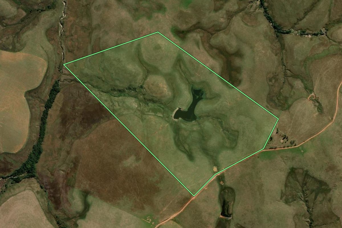 Imagem de satélite do imóvel rural em Cacequi (RS), com o contorno declarado no CAR desenhado por cima.