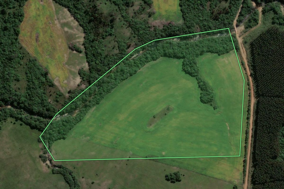 Imagem de satélite do imóvel rural em Cachoeira do Sul (RS), com o contorno declarado no CAR desenhado por cima.