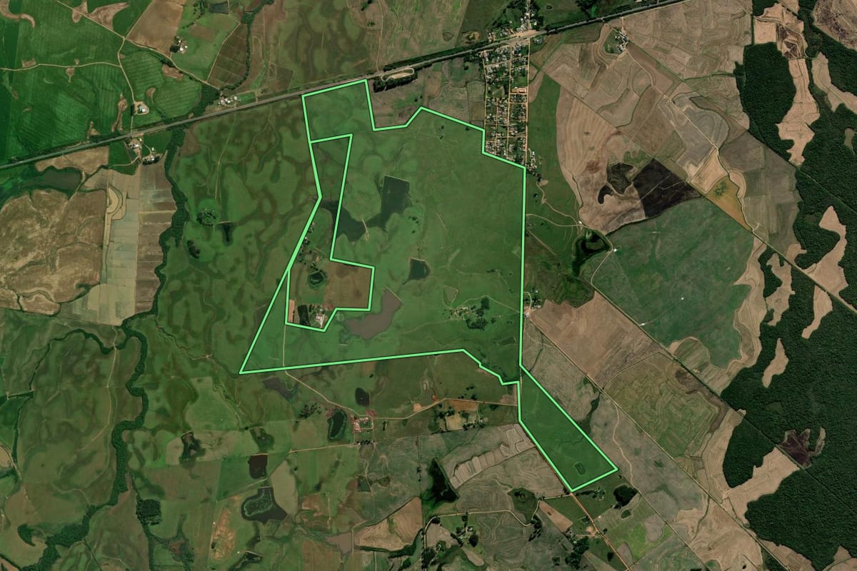 Imagem de satélite do imóvel rural em Cachoeira do Sul (RS), com o contorno declarado no CAR desenhado por cima.