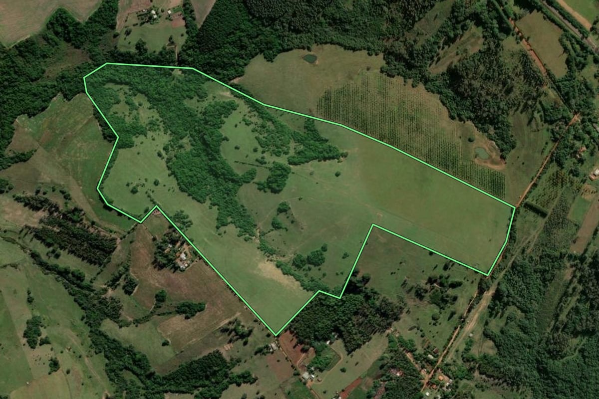 Imagem de satélite do imóvel rural em Cachoeira do Sul (RS), com o contorno declarado no CAR desenhado por cima.