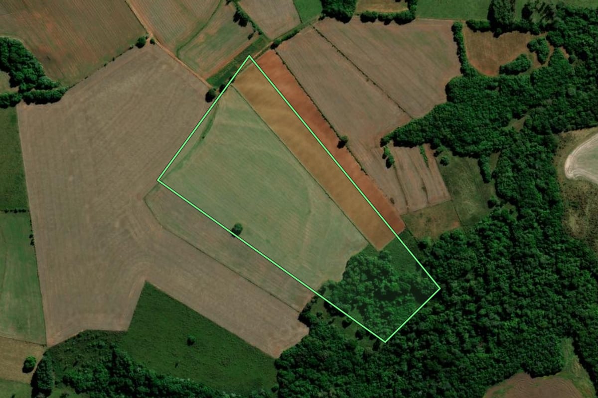 Imagem de satélite do imóvel rural em Cachoeira do Sul (RS), com o contorno declarado no CAR desenhado por cima.