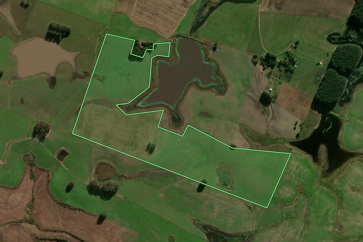 Imagem de satélite do imóvel rural em Cachoeira do Sul (RS), com o contorno declarado no CAR desenhado por cima.