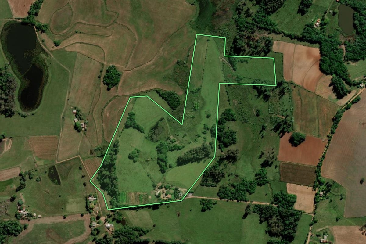 Imagem de satélite do imóvel rural em Cachoeira do Sul (RS), com o contorno declarado no CAR desenhado por cima.