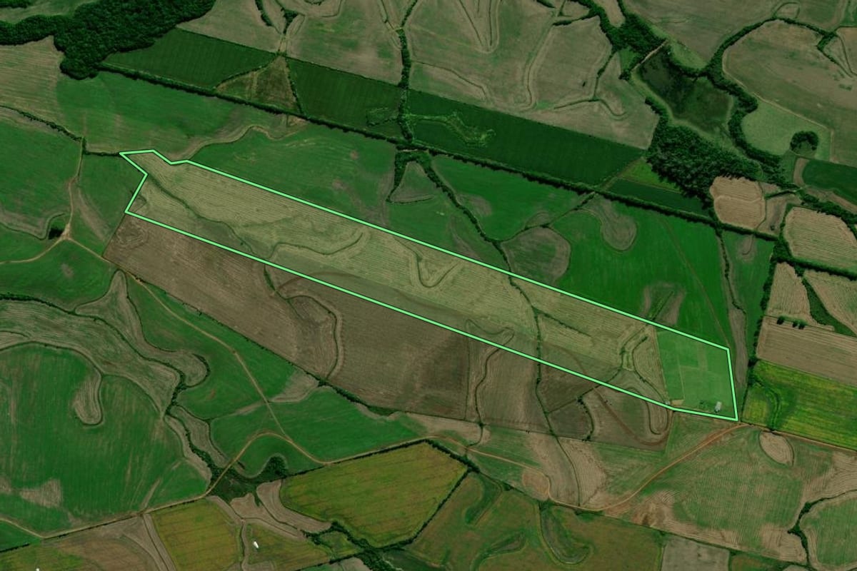 Imagem de satélite do imóvel rural em Cachoeira do Sul (RS), com o contorno declarado no CAR desenhado por cima.