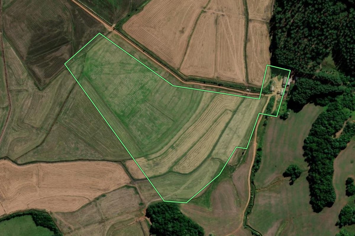 Imagem de satélite do imóvel rural em Cachoeira do Sul (RS), com o contorno declarado no CAR desenhado por cima.