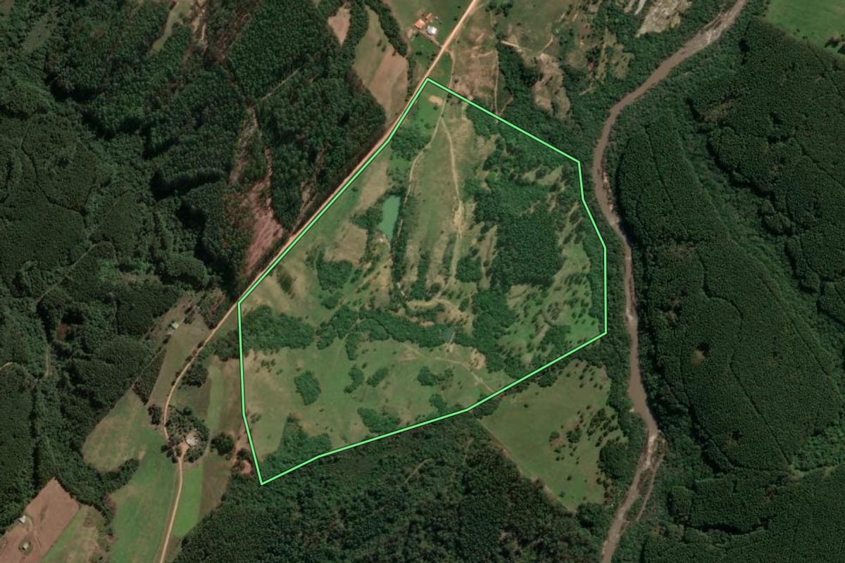 Imagem de satélite do imóvel rural em Cachoeira do Sul (RS), com o contorno declarado no CAR desenhado por cima.