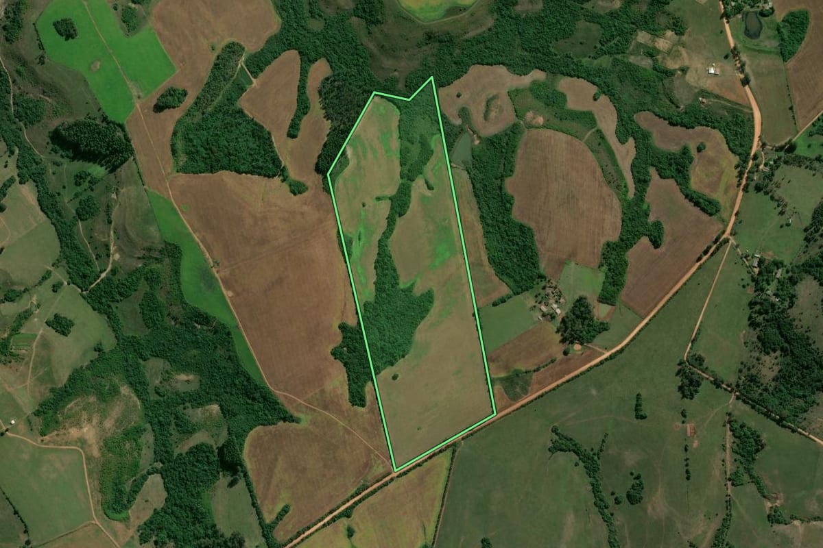Imagem de satélite do imóvel rural em Cachoeira do Sul (RS), com o contorno declarado no CAR desenhado por cima.