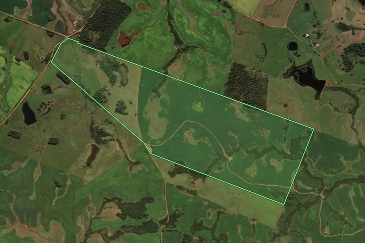 Imagem de satélite do imóvel rural em Cachoeira do Sul (RS), com o contorno declarado no CAR desenhado por cima.