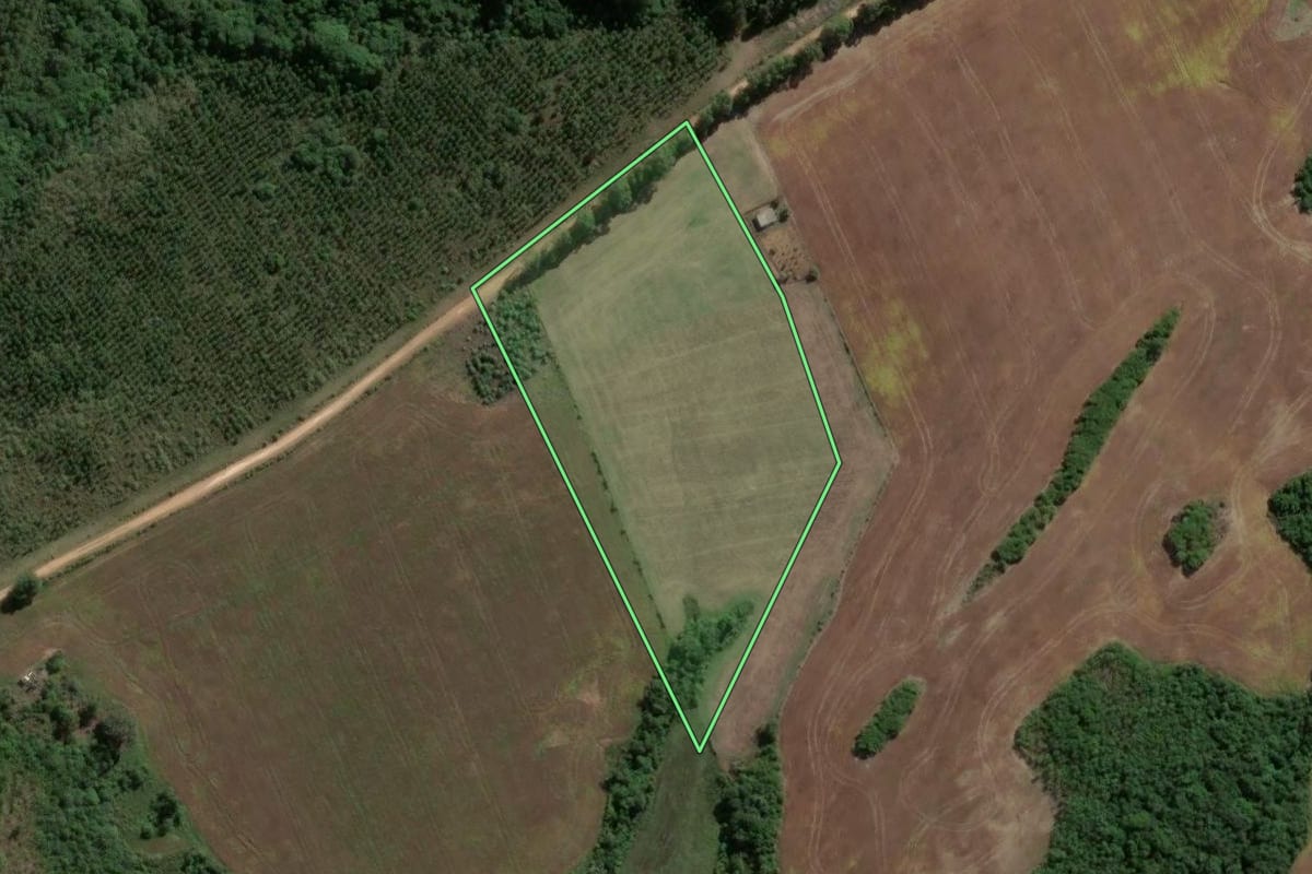 Imagem de satélite do imóvel rural em Cachoeira do Sul (RS), com o contorno declarado no CAR desenhado por cima.