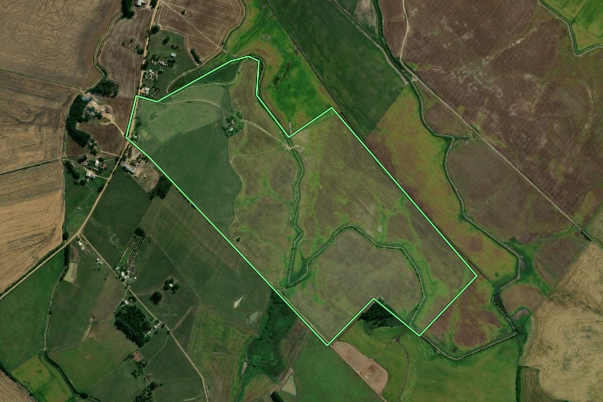 Imagem de satélite do imóvel rural em Cachoeira do Sul (RS), com o contorno declarado no CAR desenhado por cima.