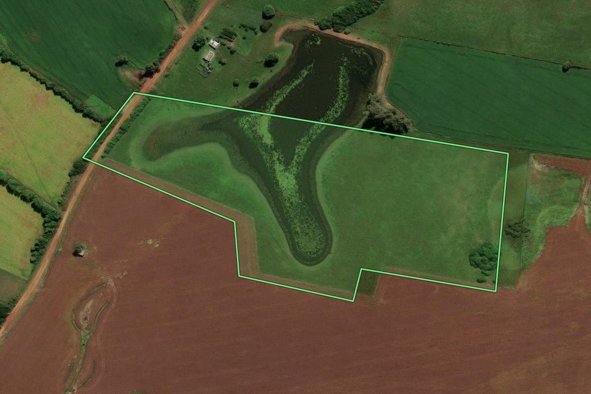 Imagem de satélite do imóvel rural em Cachoeira do Sul (RS), com o contorno declarado no CAR desenhado por cima.