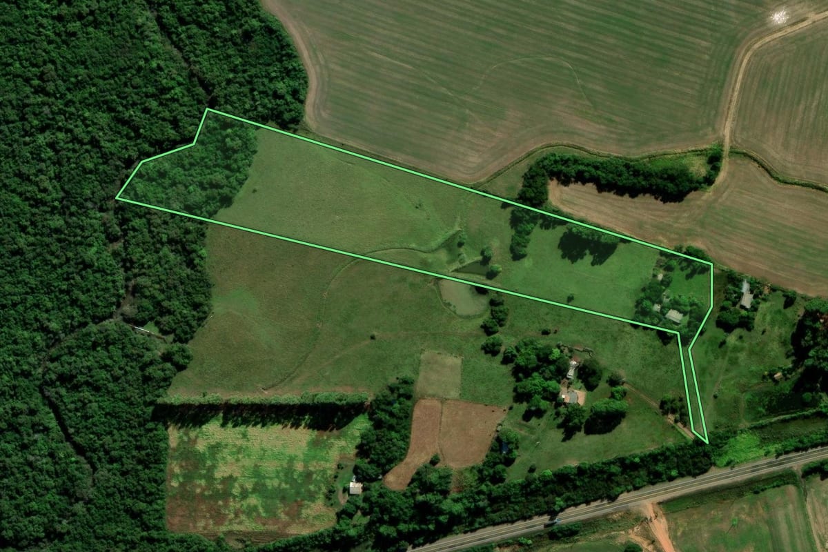 Imagem de satélite do imóvel rural em Cachoeira do Sul (RS), com o contorno declarado no CAR desenhado por cima.