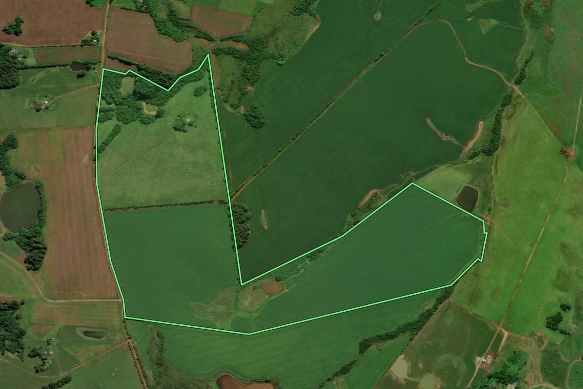 Imagem de satélite do imóvel rural em Cachoeira do Sul (RS), com o contorno declarado no CAR desenhado por cima.