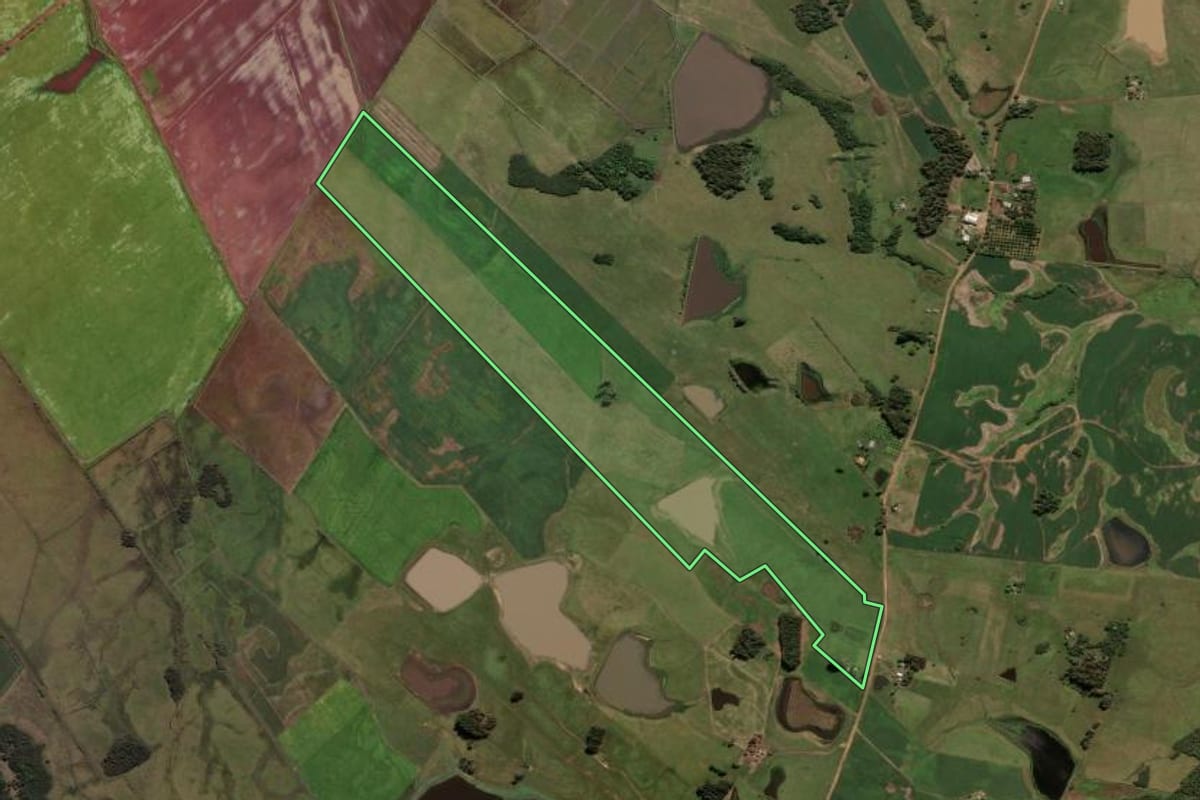 Imagem de satélite do imóvel rural em Cachoeira do Sul (RS), com o contorno declarado no CAR desenhado por cima.