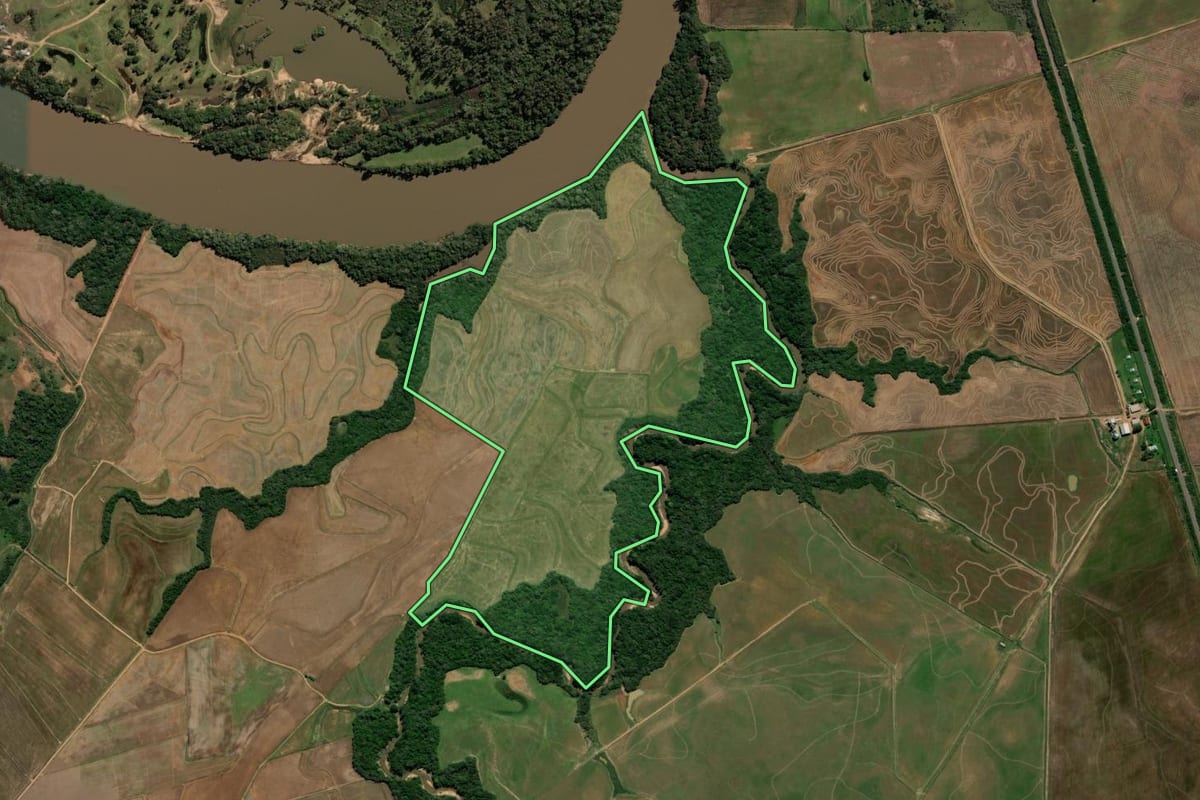 Imagem de satélite do imóvel rural em Cachoeira do Sul (RS), com o contorno declarado no CAR desenhado por cima.