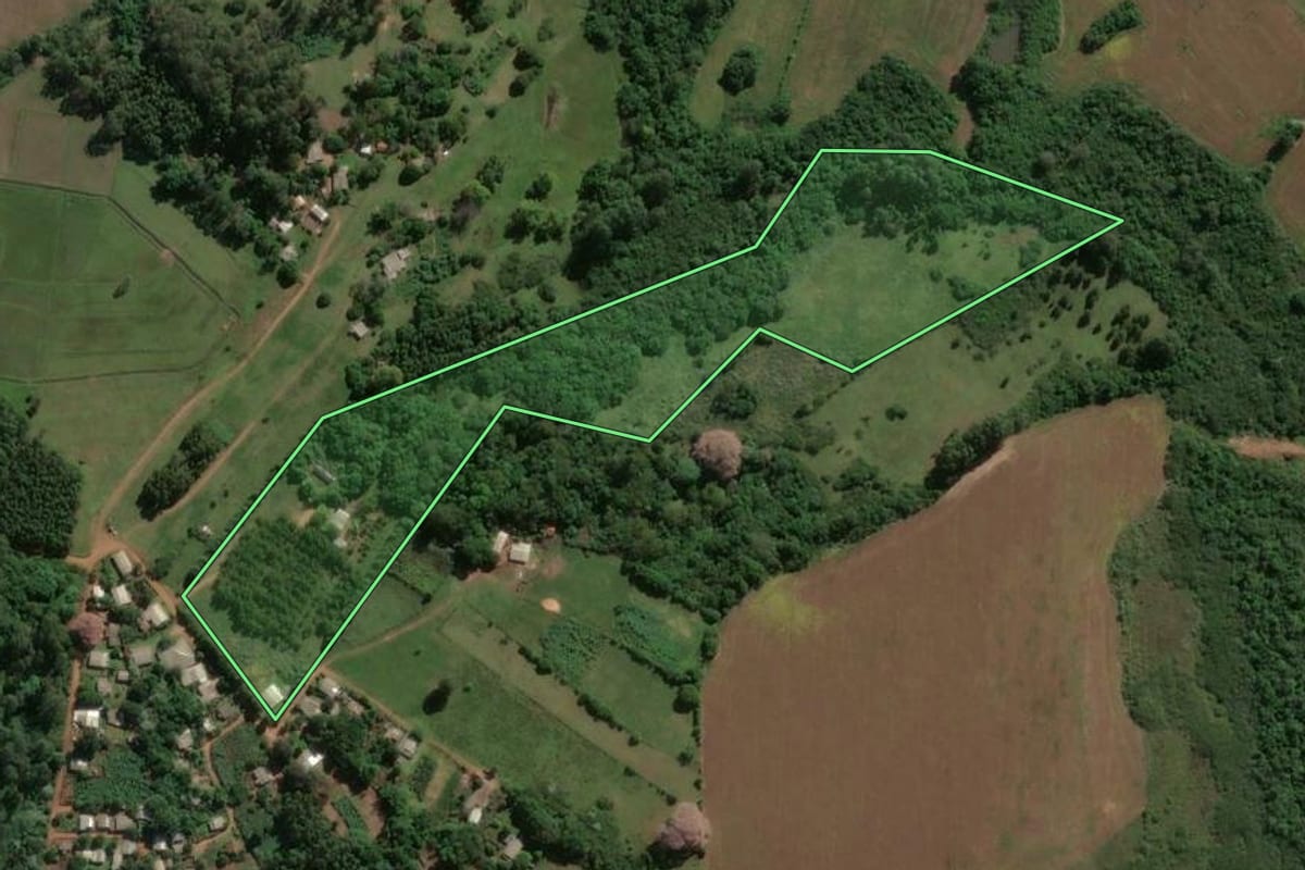 Imagem de satélite do imóvel rural em Cachoeira do Sul (RS), com o contorno declarado no CAR desenhado por cima.
