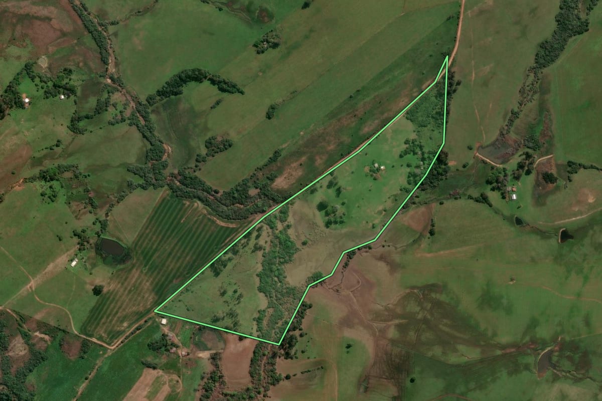 Imagem de satélite do imóvel rural em Cachoeira do Sul (RS), com o contorno declarado no CAR desenhado por cima.
