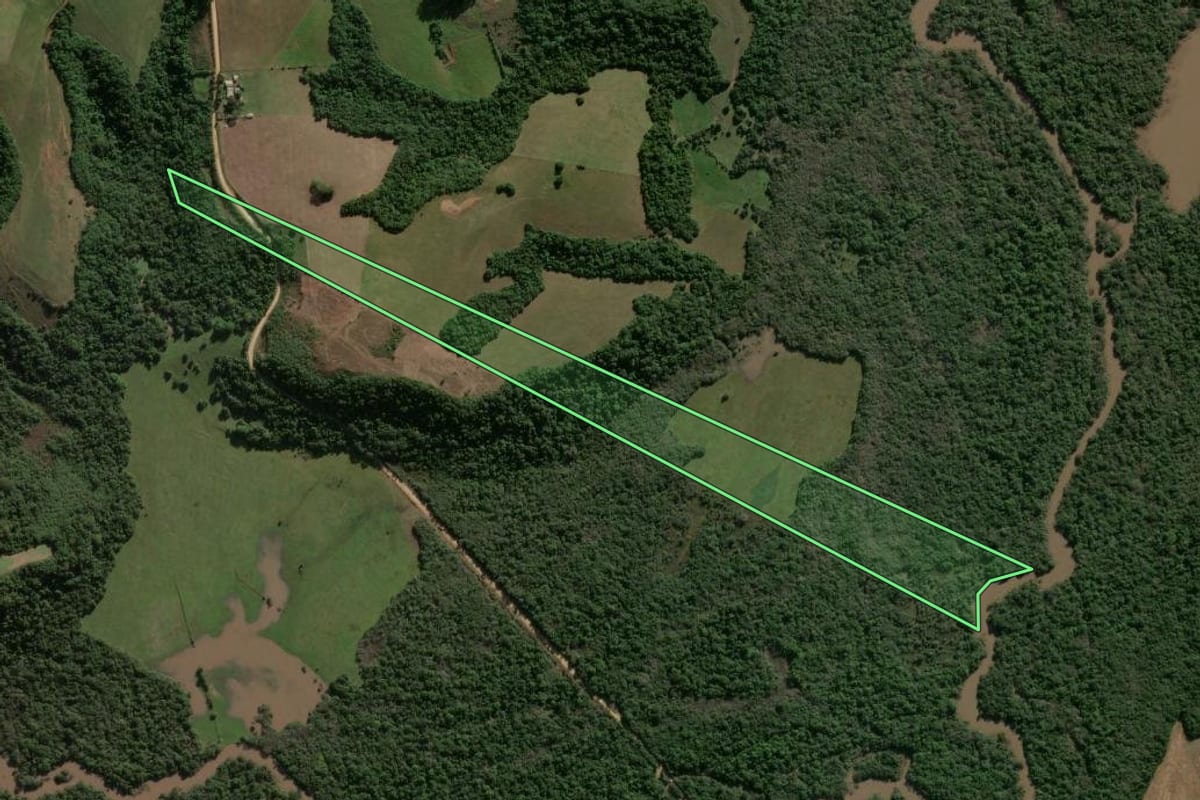 Imagem de satélite do imóvel rural em Cachoeira do Sul (RS), com o contorno declarado no CAR desenhado por cima.