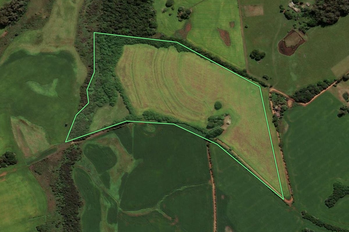 Imagem de satélite do imóvel rural em Cachoeira do Sul (RS), com o contorno declarado no CAR desenhado por cima.