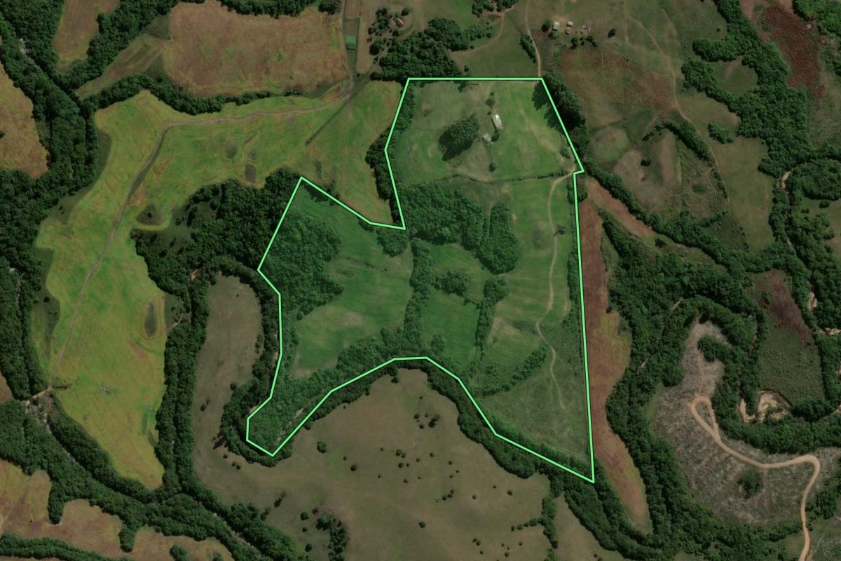 Imagem de satélite do imóvel rural em Cachoeira do Sul (RS), com o contorno declarado no CAR desenhado por cima.