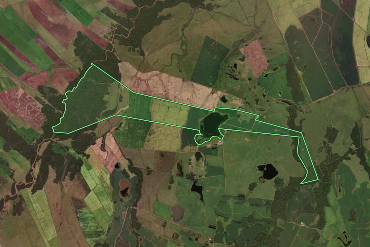 Imagem de satélite do imóvel rural em Cachoeira do Sul (RS), com o contorno declarado no CAR desenhado por cima.