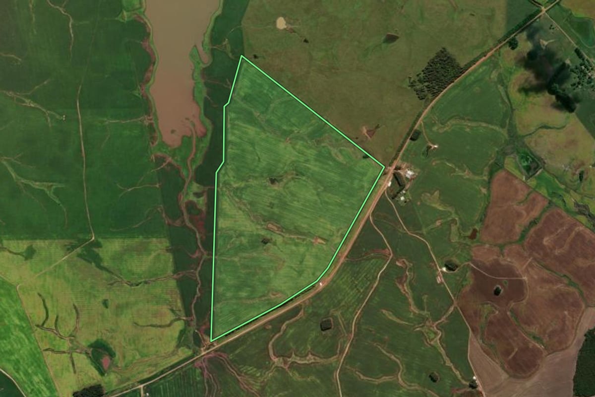 Imagem de satélite do imóvel rural em Cachoeira do Sul (RS), com o contorno declarado no CAR desenhado por cima.