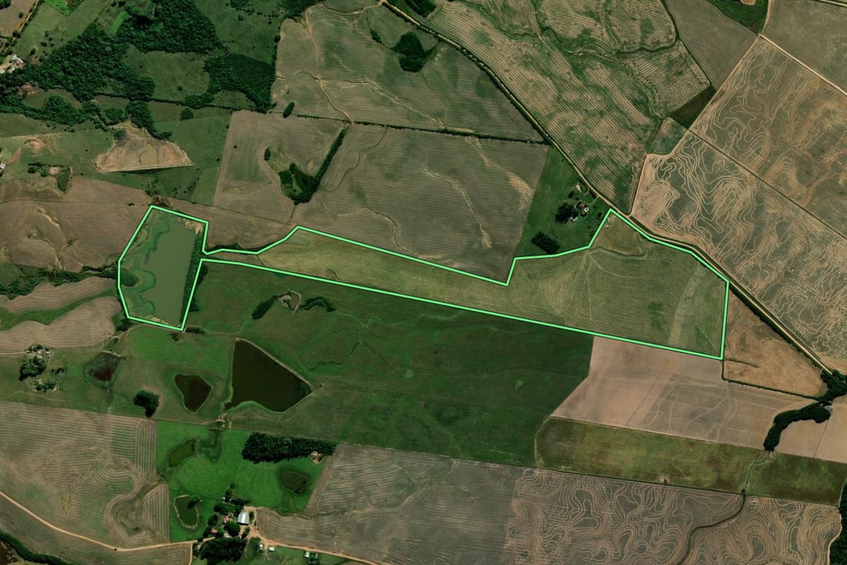 Imagem de satélite do imóvel rural em Cachoeira do Sul (RS), com o contorno declarado no CAR desenhado por cima.