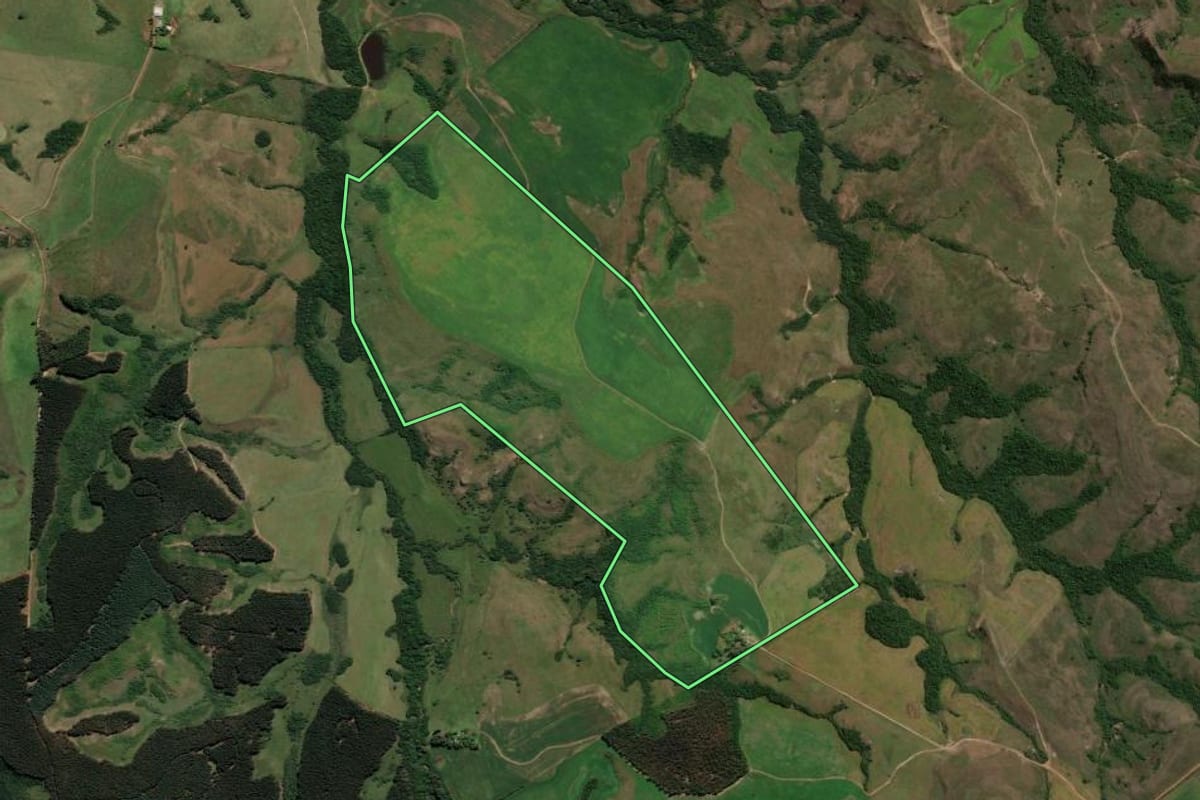 Imagem de satélite do imóvel rural em Cachoeira do Sul (RS), com o contorno declarado no CAR desenhado por cima.