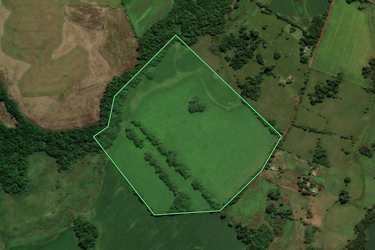 Imagem de satélite do imóvel rural em Cachoeira do Sul (RS), com o contorno declarado no CAR desenhado por cima.