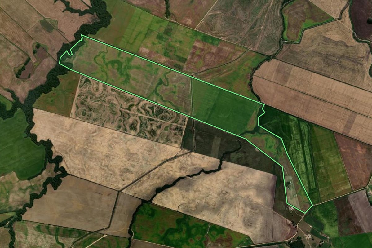 Imagem de satélite do imóvel rural em Cachoeira do Sul (RS), com o contorno declarado no CAR desenhado por cima.
