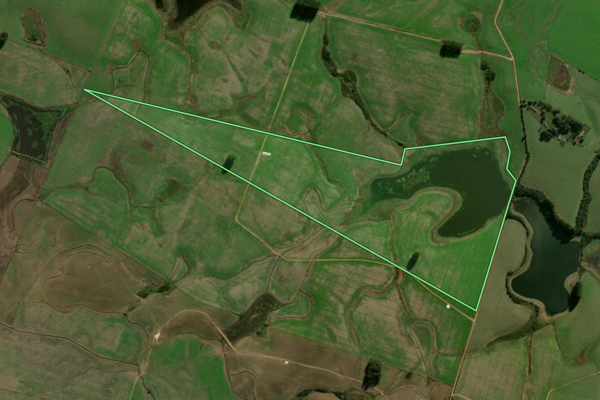 Imagem de satélite do imóvel rural em Cachoeira do Sul (RS), com o contorno declarado no CAR desenhado por cima.