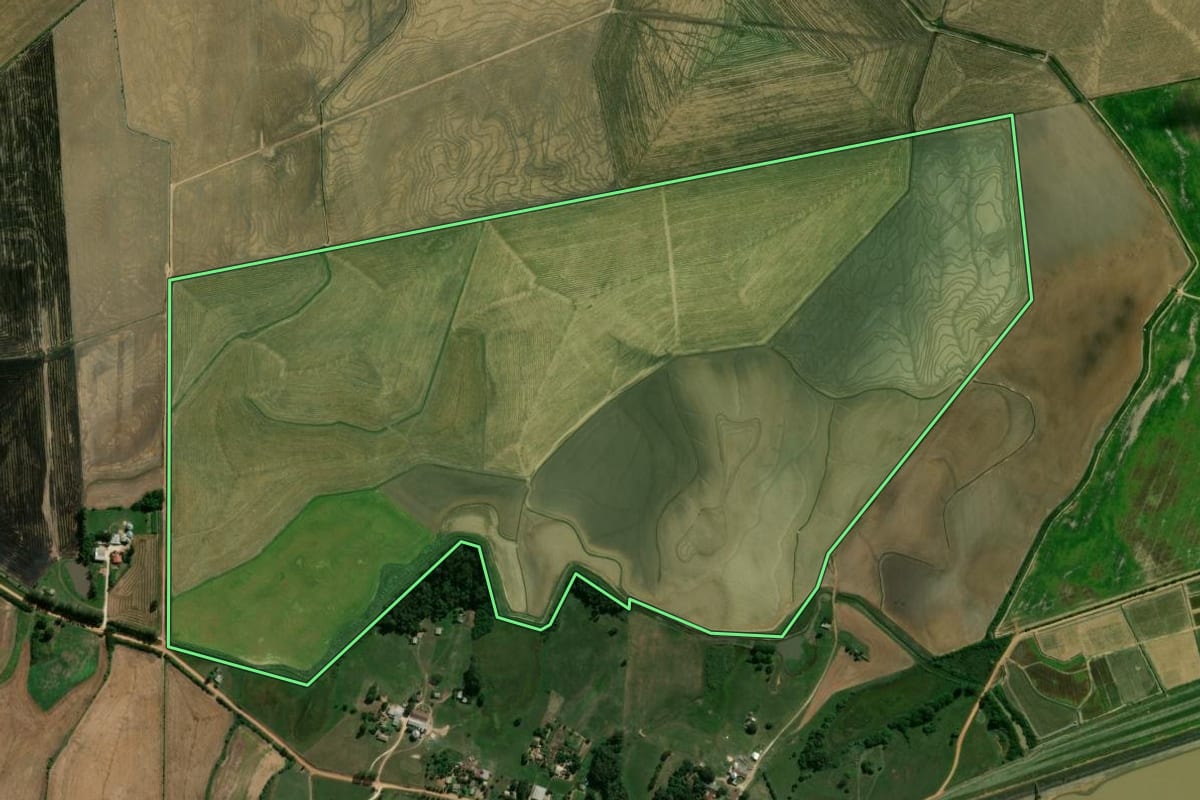 Imagem de satélite do imóvel rural em Cachoeira do Sul (RS), com o contorno declarado no CAR desenhado por cima.