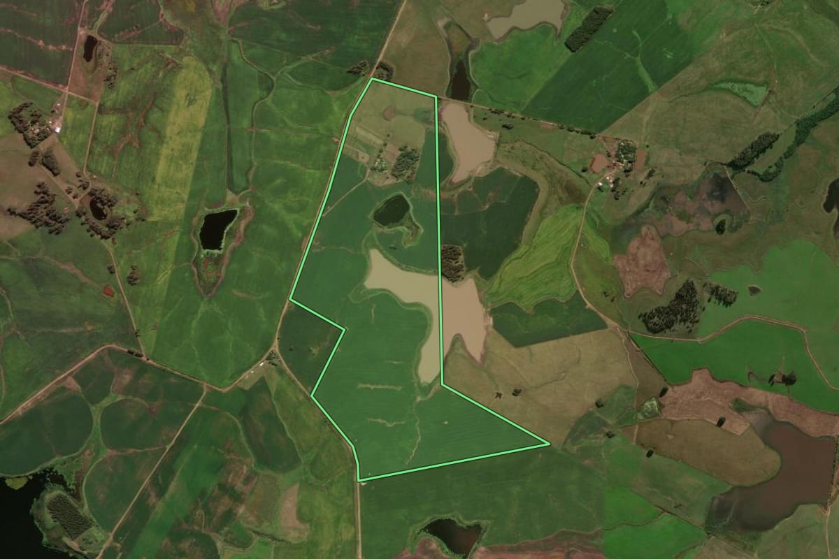 Imagem de satélite do imóvel rural em Cachoeira do Sul (RS), com o contorno declarado no CAR desenhado por cima.
