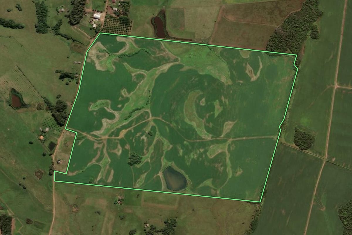 Imagem de satélite do imóvel rural em Cachoeira do Sul (RS), com o contorno declarado no CAR desenhado por cima.
