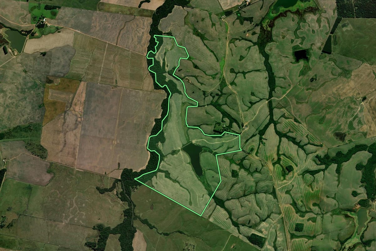 Imagem de satélite do imóvel rural em Cachoeira do Sul (RS), com o contorno declarado no CAR desenhado por cima.