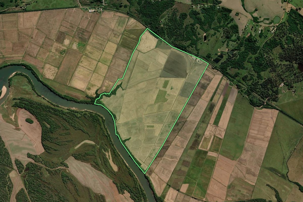 Imagem de satélite do imóvel rural em Cachoeira do Sul (RS), com o contorno declarado no CAR desenhado por cima.