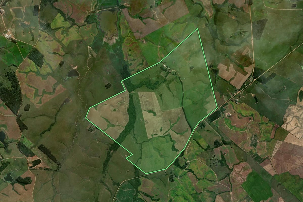 Imagem de satélite do imóvel rural em Cachoeira do Sul (RS), com o contorno declarado no CAR desenhado por cima.