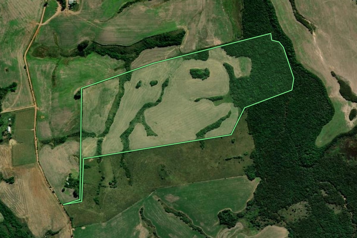 Imagem de satélite do imóvel rural em Cachoeira do Sul (RS), com o contorno declarado no CAR desenhado por cima.